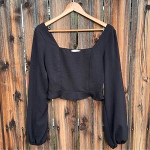 Altar’d State Black Long Sleeve Ruffle Hem Cropped Top Blouse, Women’s Medium